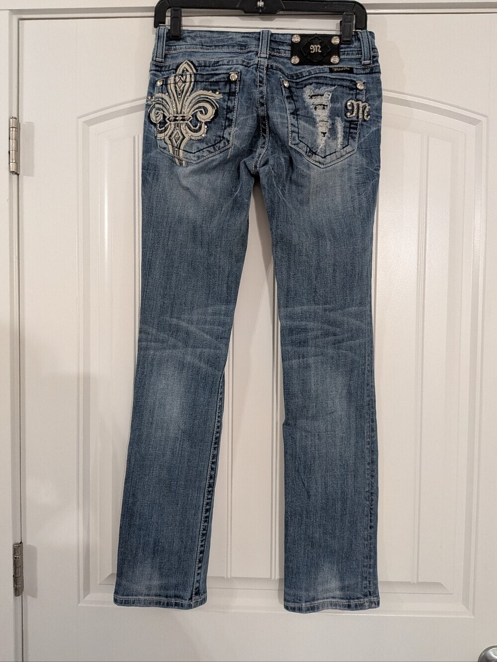 Miss Me Women's Embroidered Distressed Straight Leg Low Rise Blue Jeans